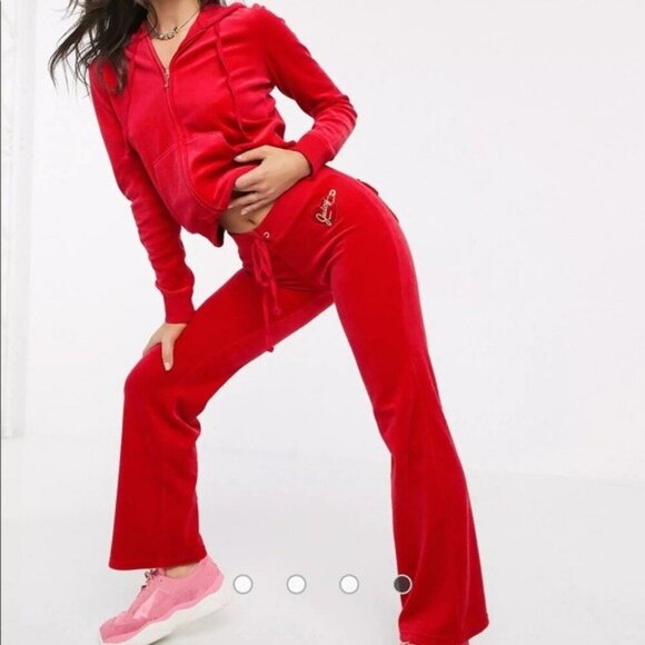 Juicy Couture Pants - Juicy Couture SET Red Velour Zip Up Jacket Flare Pants Glittering Crown S Y2K